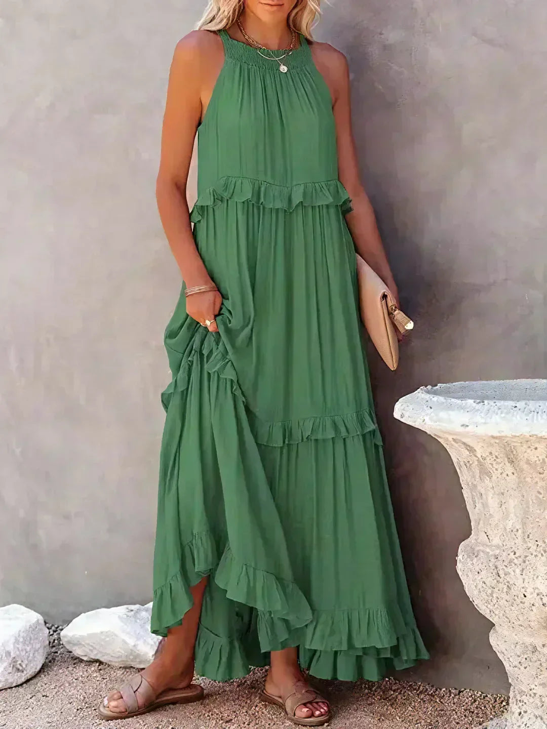 VIVIANA – HALTER RUFFLE TRIM MIDI DRESS