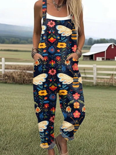 SOLENE – BEE EMBROIDERED COTTON-LINEN JUMPSUIT
