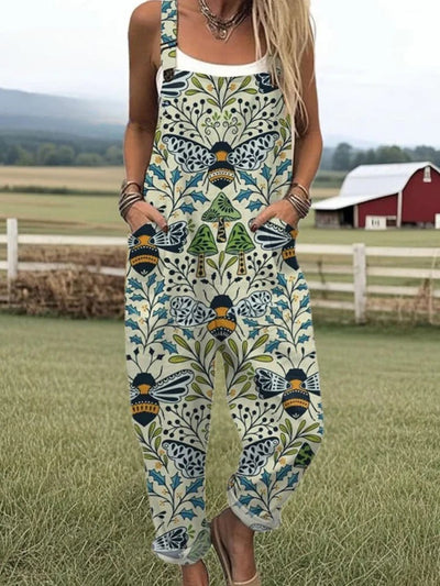 SOLENE – BEE EMBROIDERED COTTON-LINEN JUMPSUIT