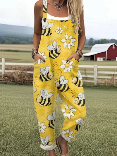 SOLENE – BEE EMBROIDERED COTTON-LINEN JUMPSUIT
