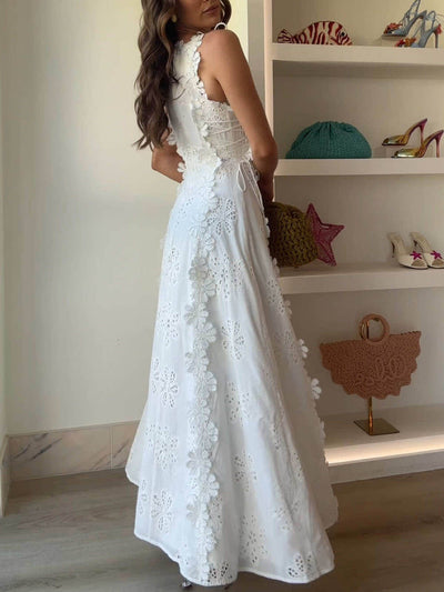 ISLA – LACE-TRIMMED FITTED MIDI DRESS