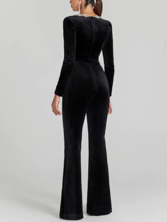 CELESTE – GLAM FLARED CRYSTAL-DETAIL JUMPSUIT