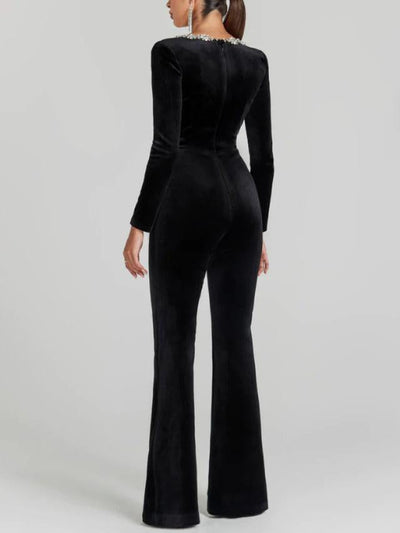 CELESTE – GLAM FLARED CRYSTAL-DETAIL JUMPSUIT
