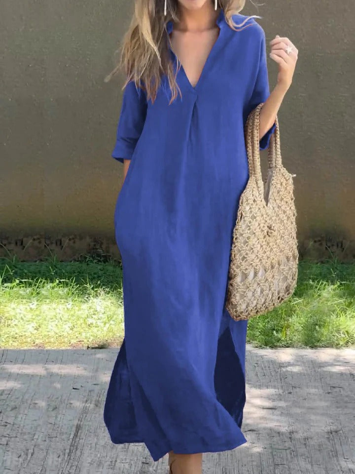 SERELA – RELAXED V-NECK COTTON DAY DRESS