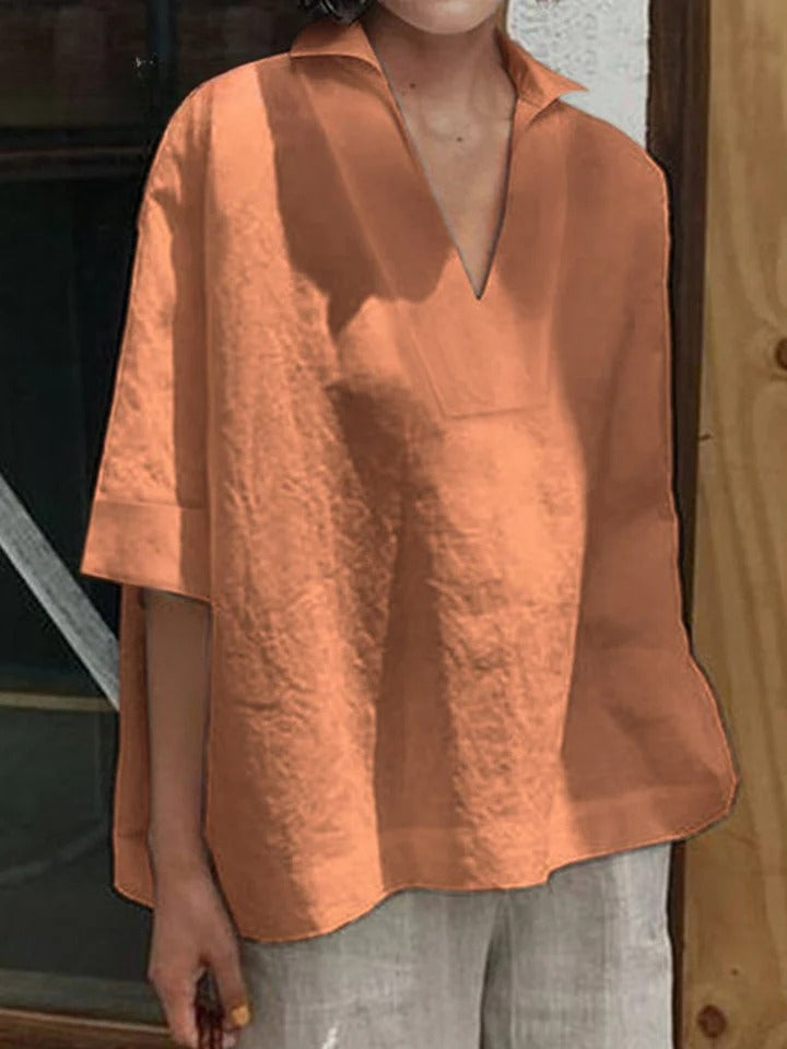 SOLENE – SOLID V-NECK LOOSE MID-SLEEVE SHIRT