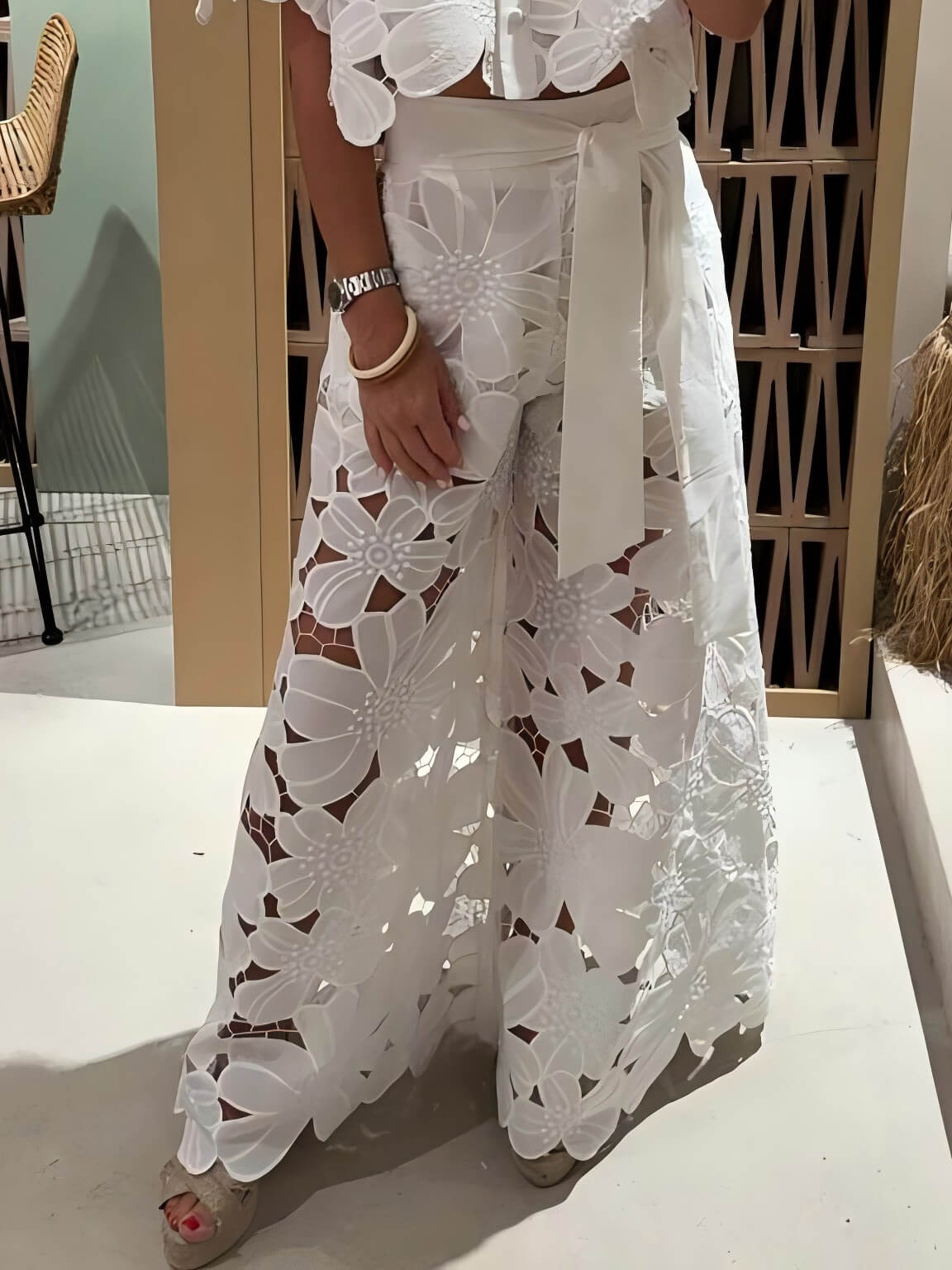 CELINA – EMBROIDERED LACE WIDE-LEG PANTS