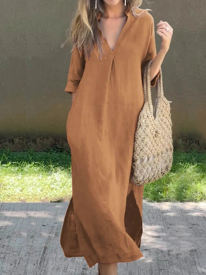 SERELA – RELAXED V-NECK COTTON DAY DRESS