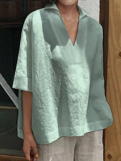 SOLENE – SOLID V-NECK LOOSE MID-SLEEVE SHIRT