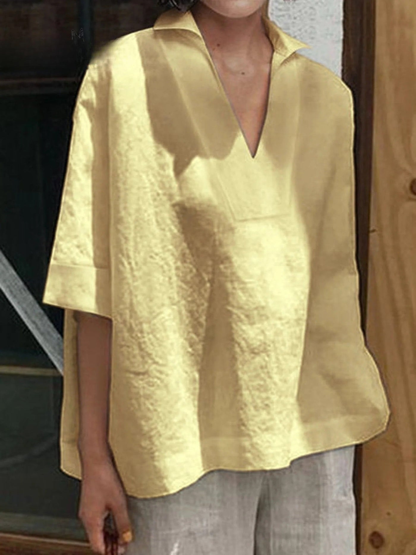 SOLENE – SOLID V-NECK LOOSE MID-SLEEVE SHIRT