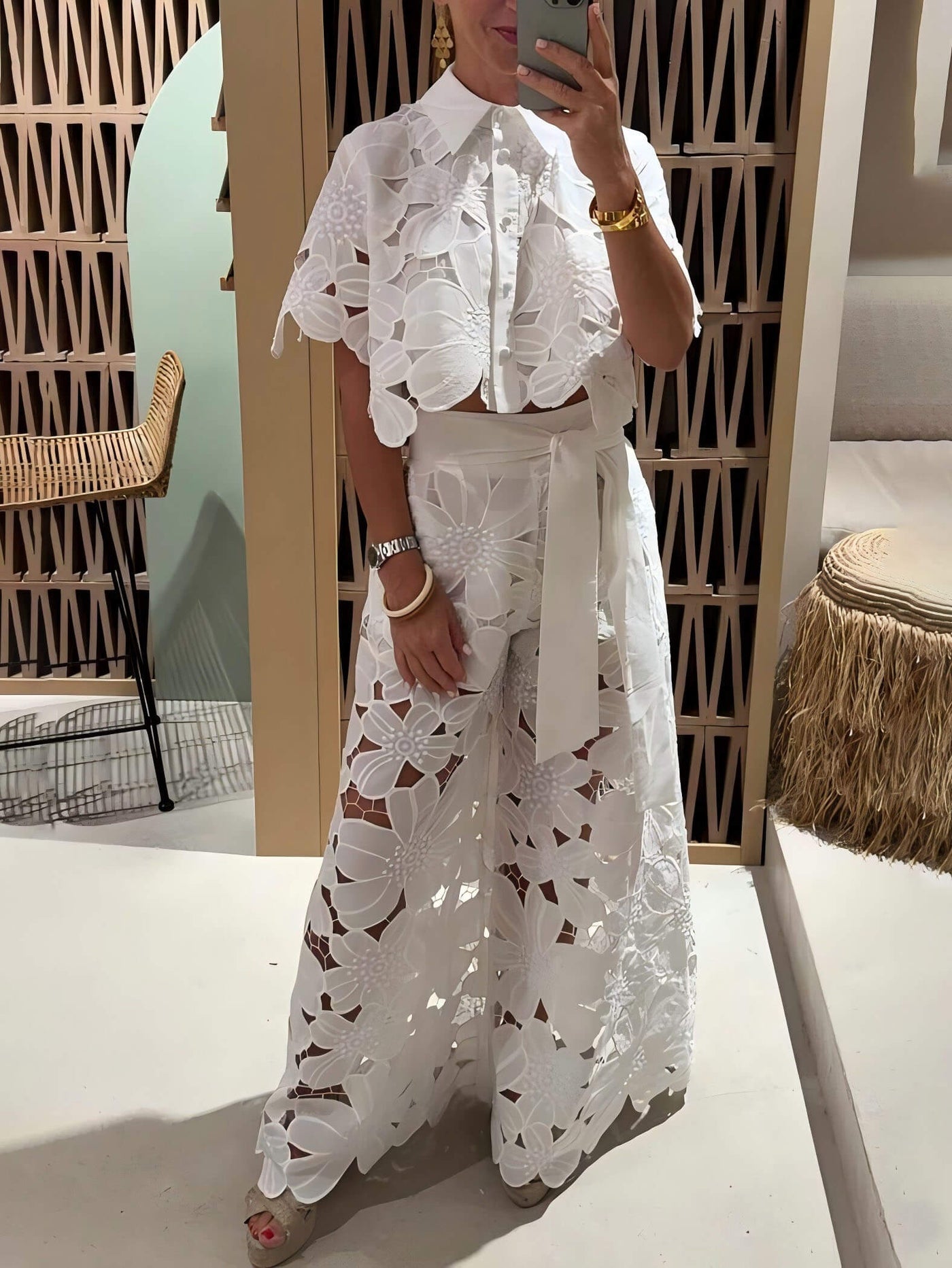 CELINA – EMBROIDERED LACE WIDE-LEG PANTS
