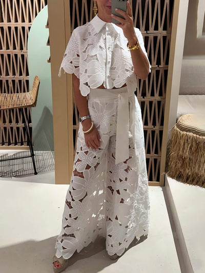 CELINA – EMBROIDERED LACE WIDE-LEG PANTS