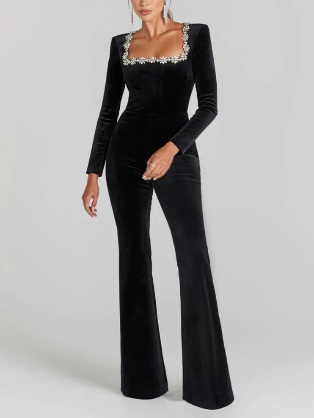 CELESTE – GLAM FLARED CRYSTAL-DETAIL JUMPSUIT
