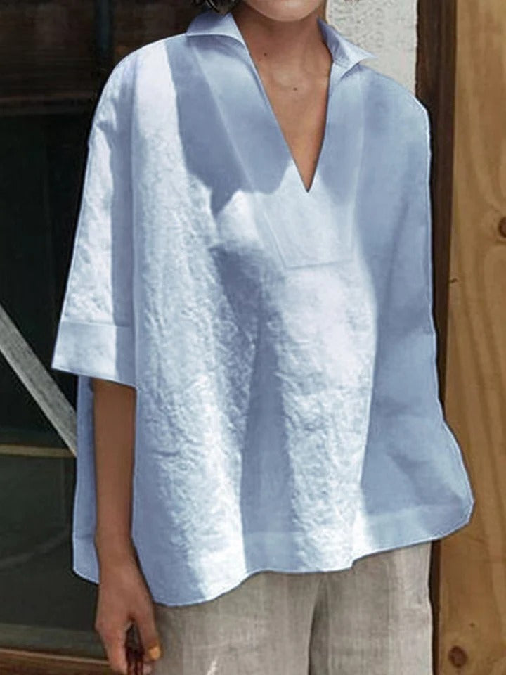 SOLENE – SOLID V-NECK LOOSE MID-SLEEVE SHIRT