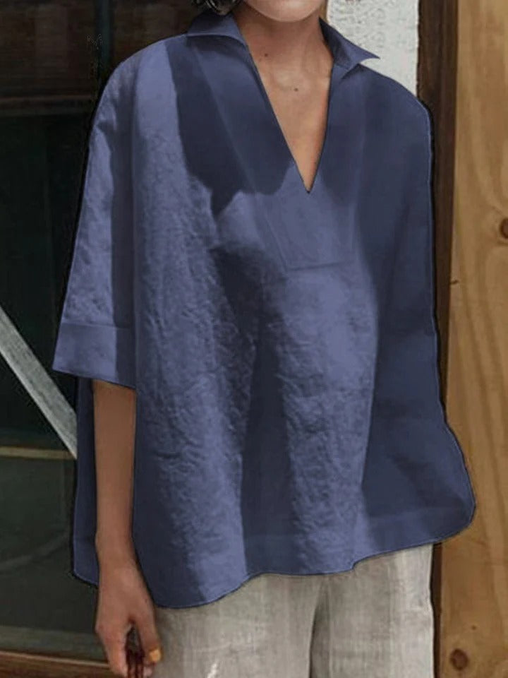 SOLENE – SOLID V-NECK LOOSE MID-SLEEVE SHIRT