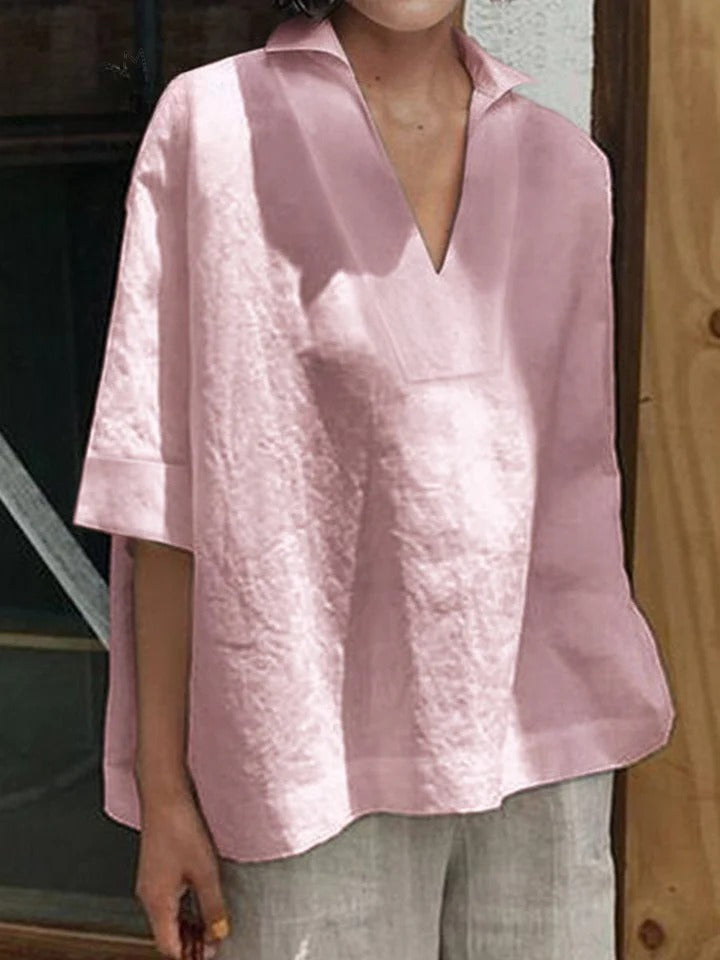 SOLENE – SOLID V-NECK LOOSE MID-SLEEVE SHIRT